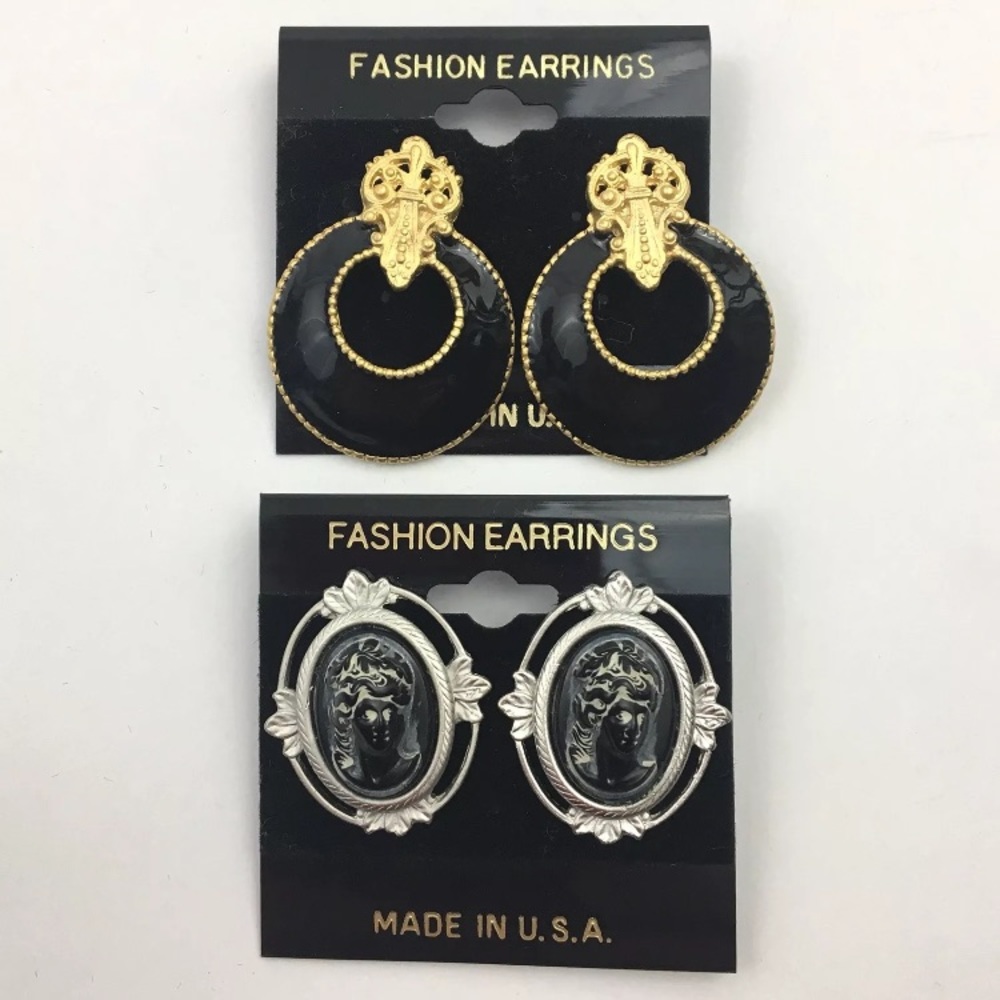 Vintage gothic style earrings enamel cameo pierced